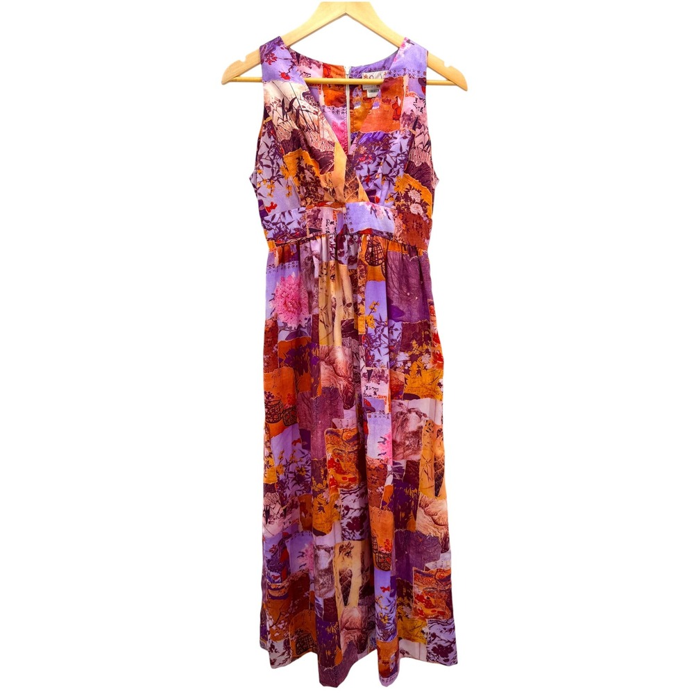 Vtg Penelope Hawaii Liberty House Asian Art Print Maxi Dress Purple Pink Boho